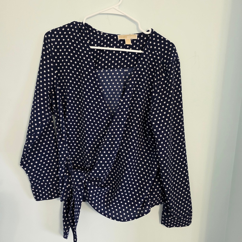 Michael Kors Womens Navy Blue White Polka Dot Wrap Blouse Long Sleeve Top Large